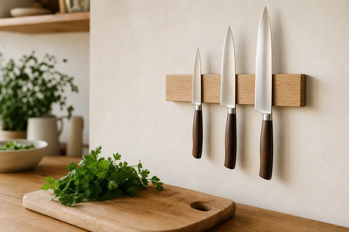 Barre aimantée murale en bois avec trois couteaux de cuisine suspendus, cuisine lumineuse en arrière plan flou