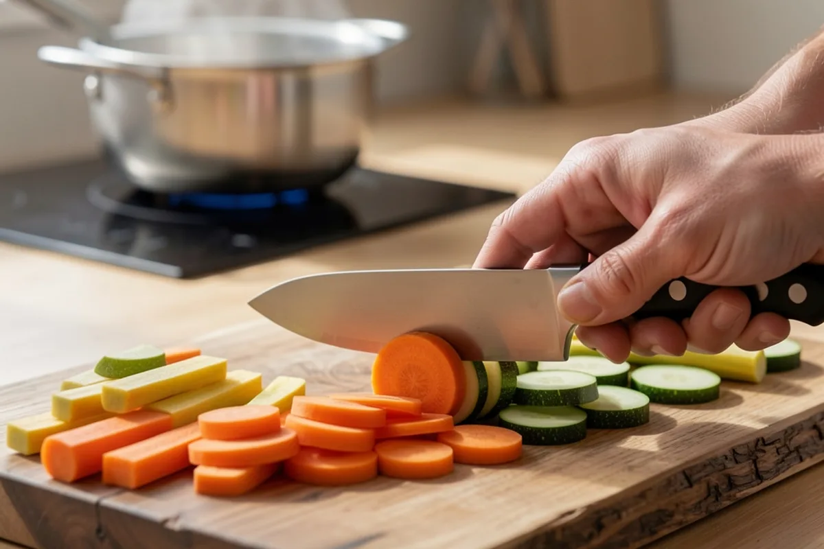 Mains qui découpent des carottes et des courgettes sur une grande planche en bois