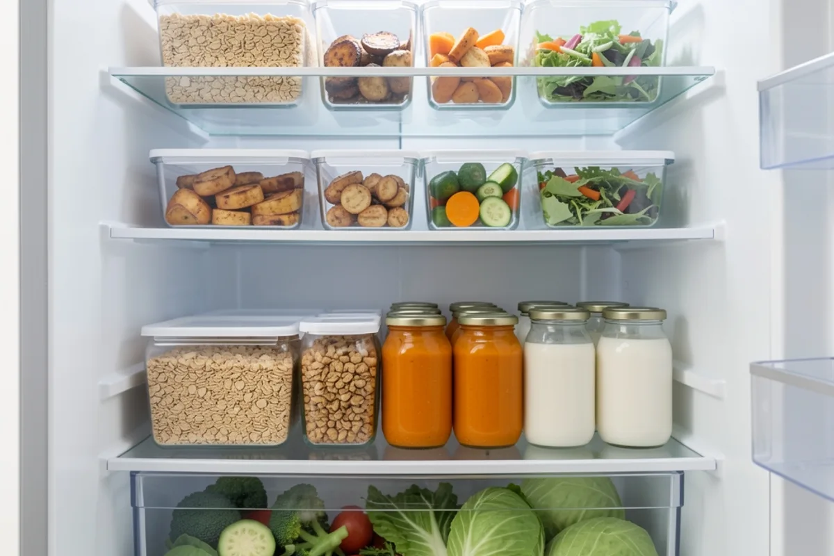 Intérieur d&rsquo;un réfrigérateur rangé avec des bocaux et des boîtes en verre transparentes