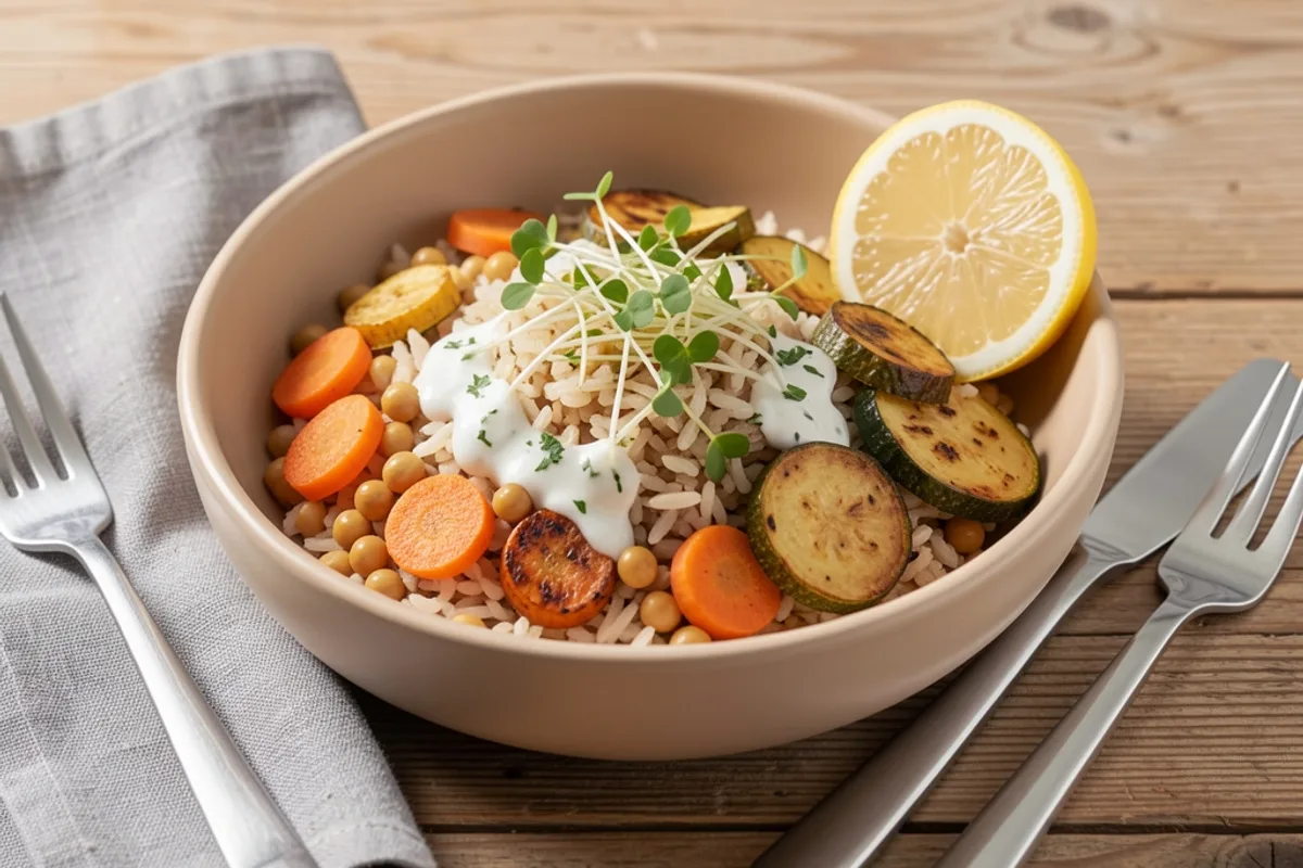 Assiette composée de riz, pois chiches, légumes rôtis et herbes fraîches sur une table en bois