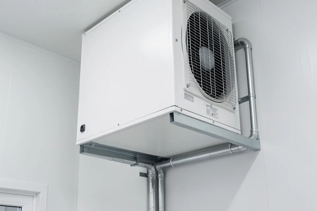 Groupe frigorifique compact monté en haut d une chambre froide modulaire à panneaux blancs, dans un local technique propre