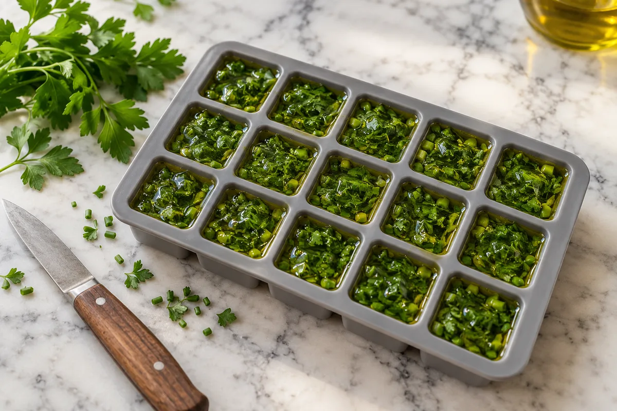 Bac à glaçons en silicone rempli d’herbes hachées recouvertes d’huile d’olive