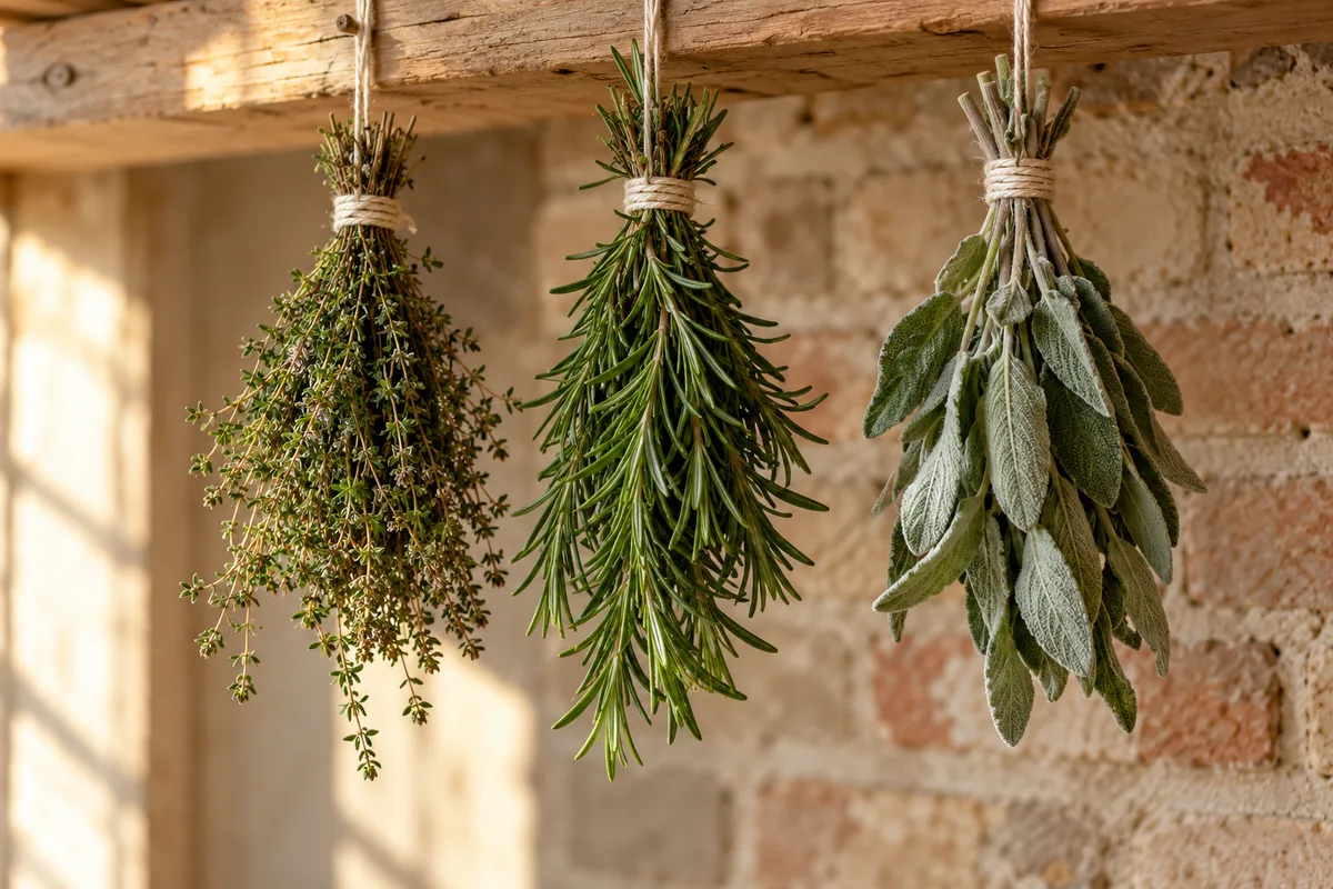 Bouquets de thym, de romarin et de sauge suspendus tête en bas pour le séchage