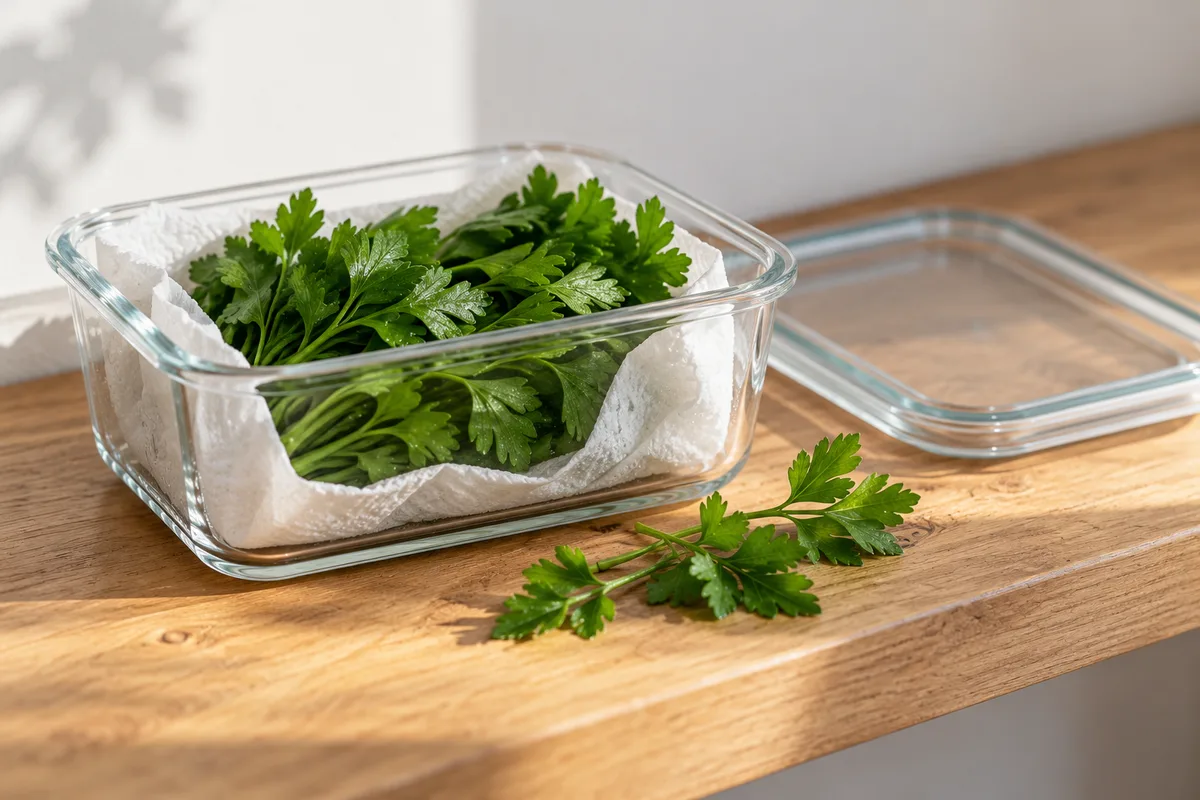 Persil plat enveloppé de papier absorbant dans une boîte hermétique en verre