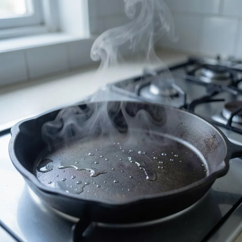 Poêle en fonte brute posée sur une plaque, film de vapeur au-dessus du métal chaud, cuisine en arrière plan flou