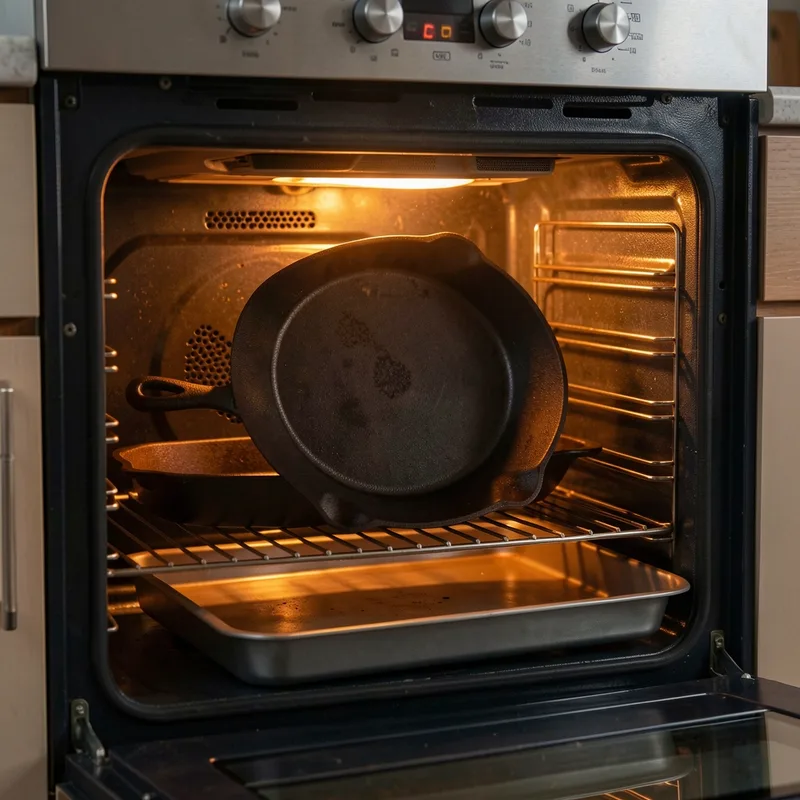 Poêle en fonte retournée sur la grille d un four ouvert, lumière chaude, plaque de récupération en dessous