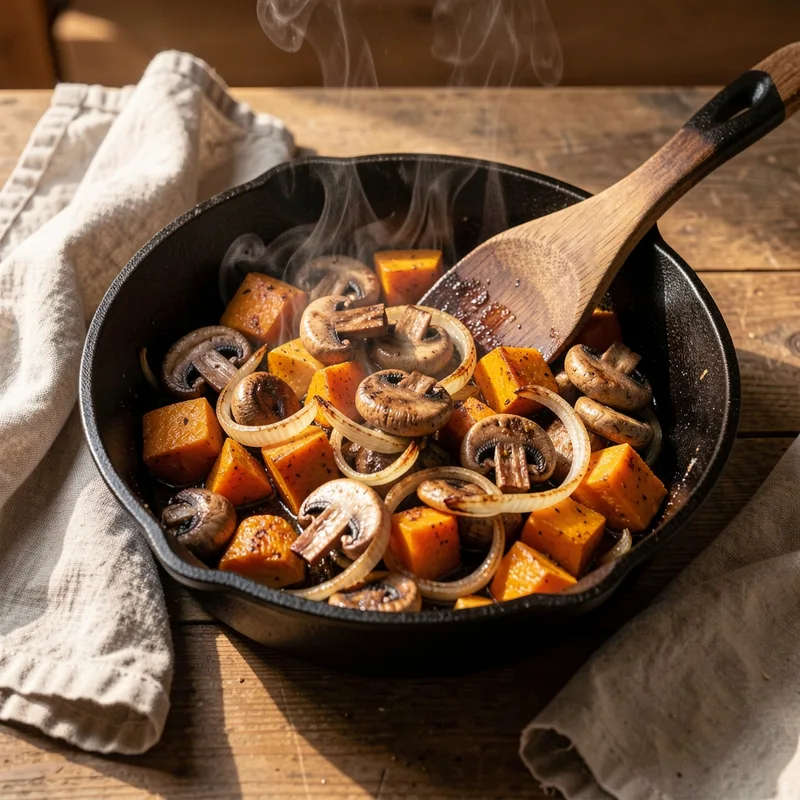 Poêle en fonte noire bien culottée avec des légumes saisis, vapeur, lumière naturelle rasante sur un plan de travail en bois