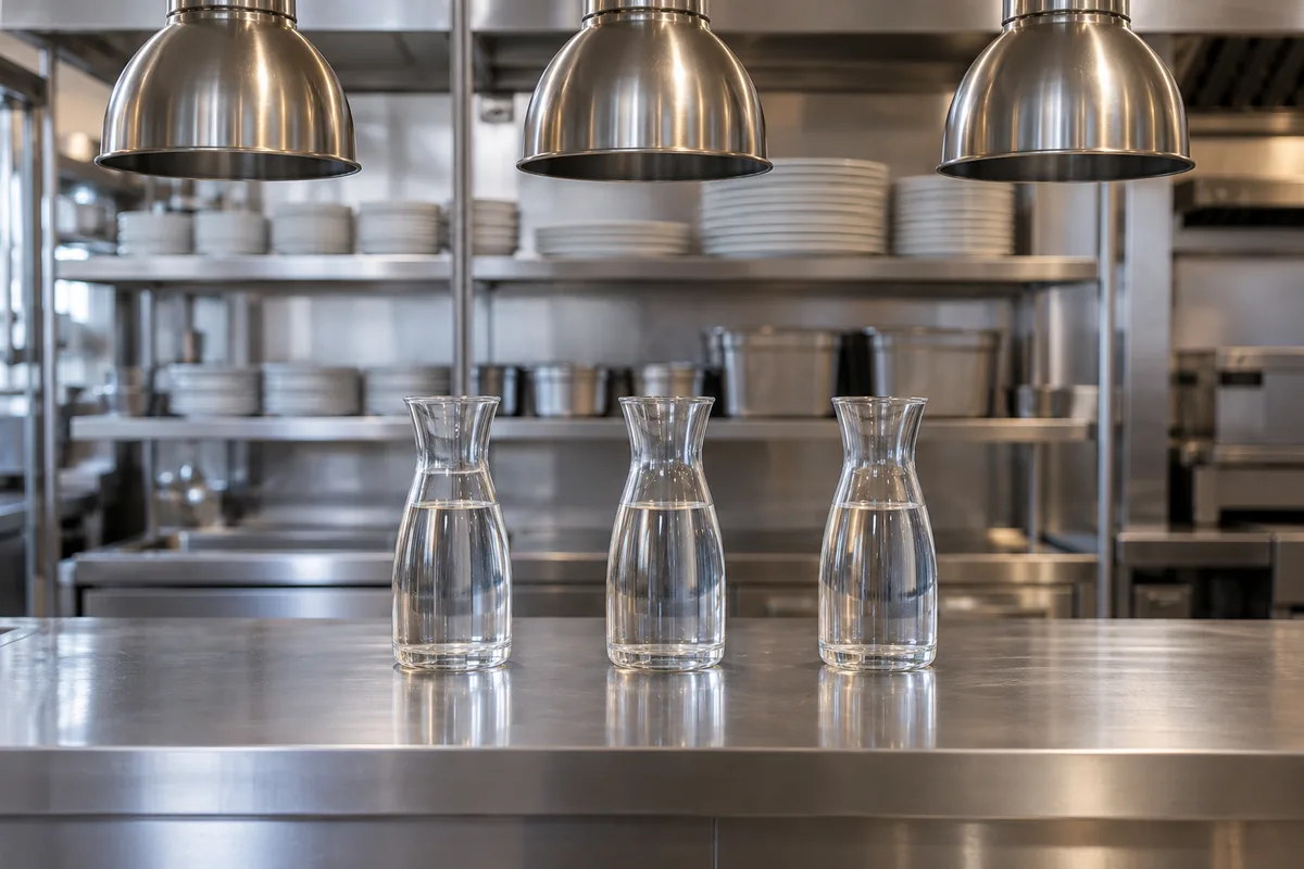 Passe en inox d&rsquo;une cuisine de restaurant vide, trois carafes en verre remplies d&rsquo;eau claire alignées au bord sous des lampes éteintes