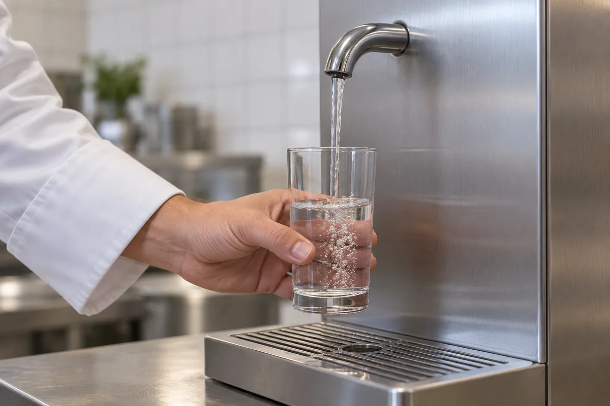Main en manche de veste de cuisine blanche remplissant un verre droit sous le bec chromé d&rsquo;une fontaine en inox