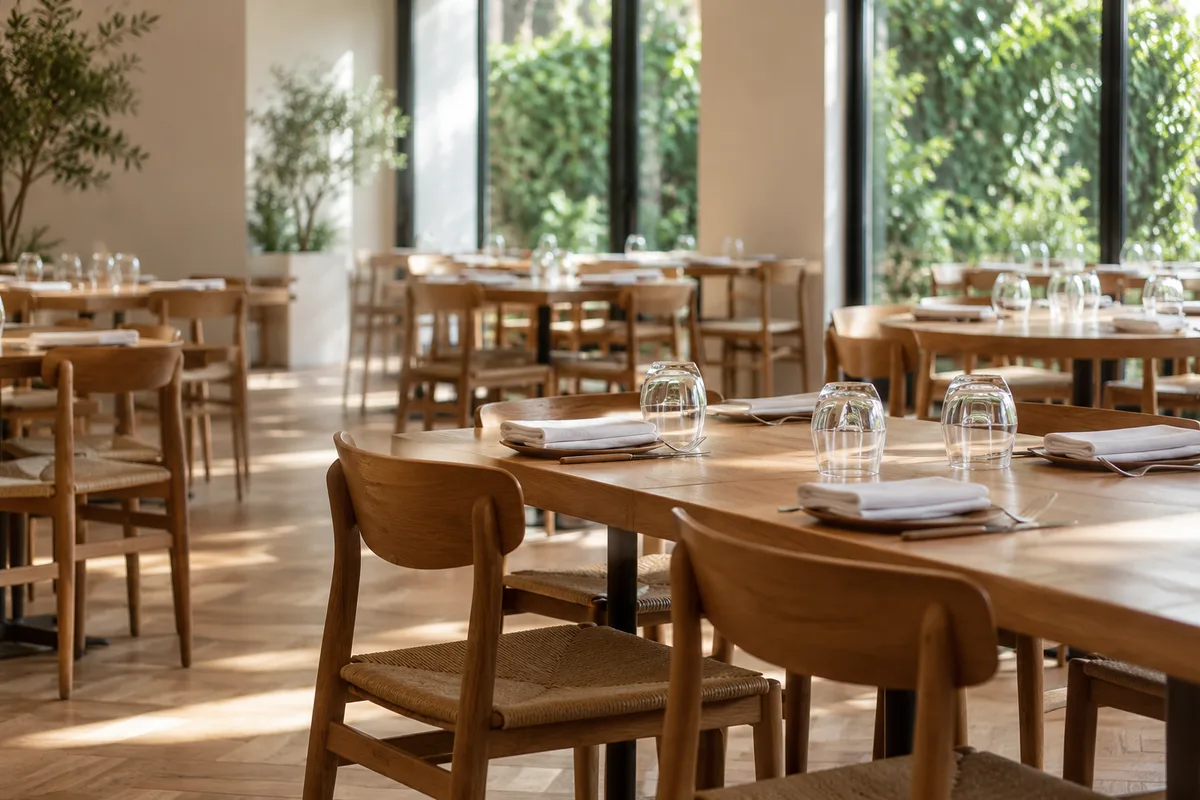 Salle de restaurant vide avant le service, tables en bois dressées de verres à eau retournés et de serviettes en lin