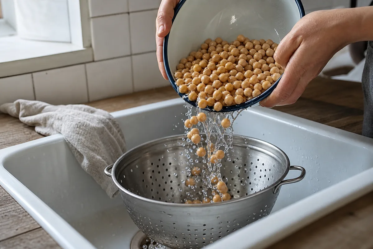 Bols en céramique remplis de lentilles vertes, pois chiches et haricots rouges secs sur une table en bois clair