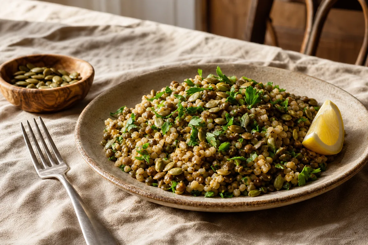 Assiette de salade de lentilles et boulgour parsemée de graines de courge grillées sur une nappe en lin